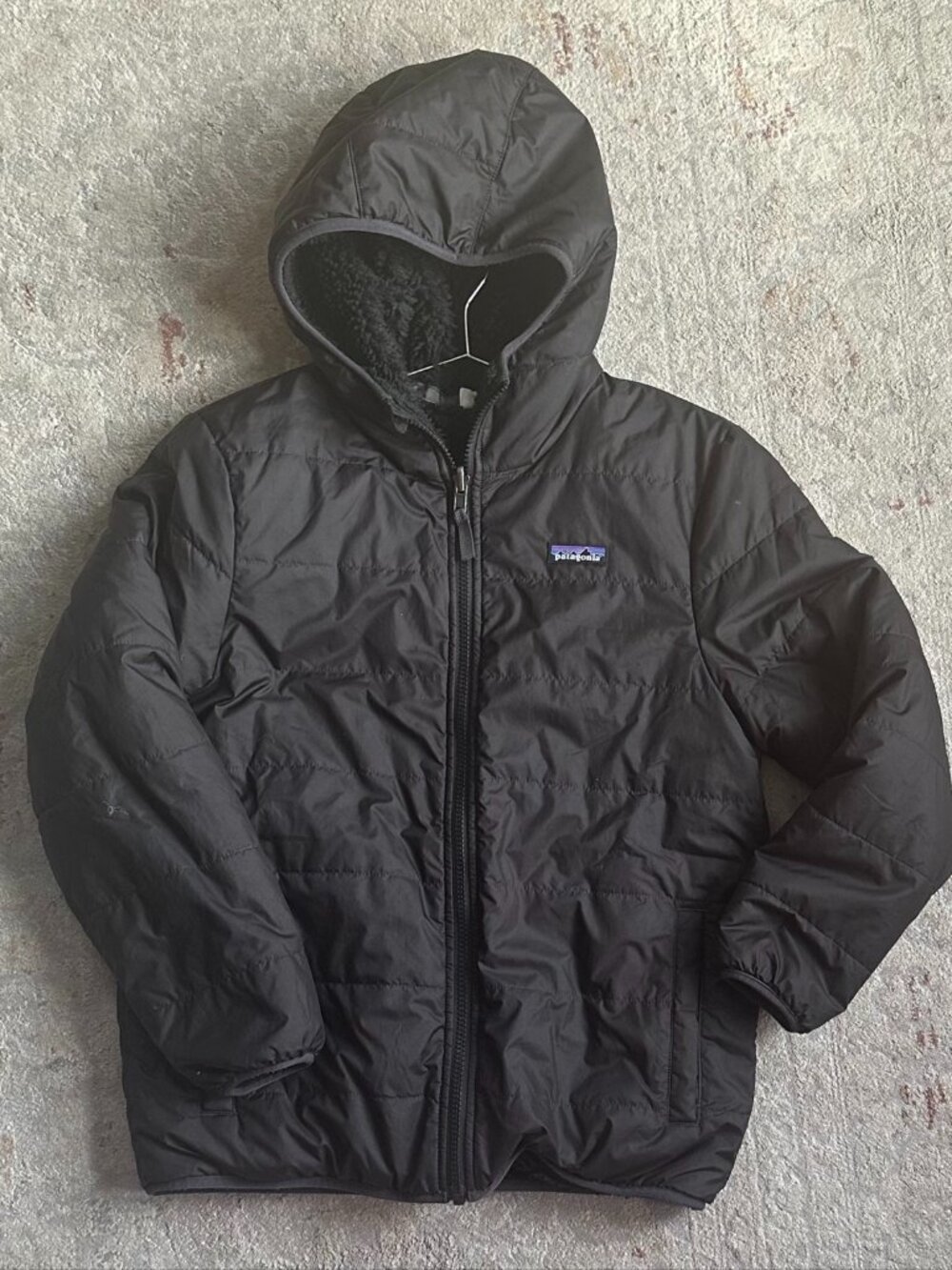 Patagonia Kids Hi-Loft Down Sweater Hoody Black Reversible L 12